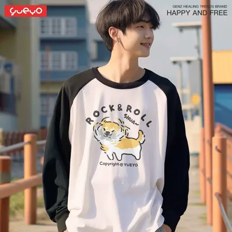 悦游 摇滚猫狗 重磅纯棉橘猫柴犬甩头日系拼色长袖插肩T恤男商品大图