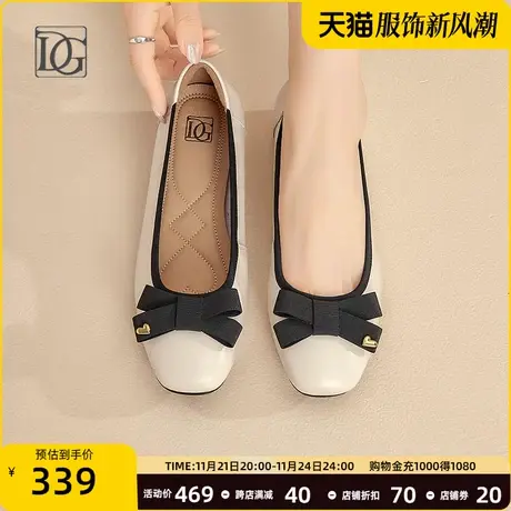 DG真皮浅口低跟单鞋女2024新款新款蝴蝶结一脚蹬粗跟小皮鞋商品大图