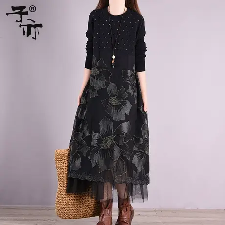 子亦冬季新款蕾丝绣花针织衫拼接文艺气质钩花镂空打底毛衣裙图片