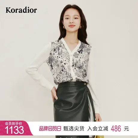珂莱蒂尔女装2024年春季新款通勤百搭v领印花针织衫开衫上衣毛衫图片