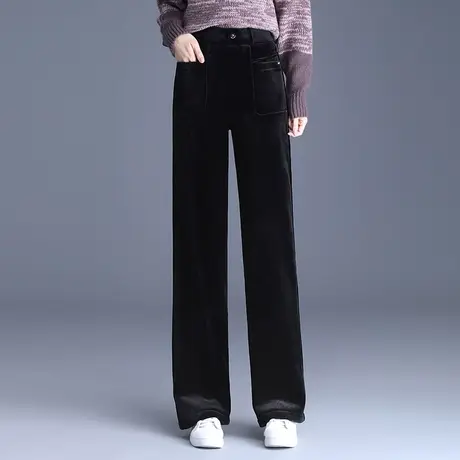 黑色加绒阔腿裤女秋冬2023新款高腰垂感显瘦直筒裤百搭休闲长裤子图片
