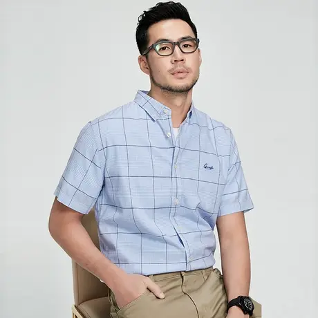 格慕施衬衫男2023夏季棉麻格子衬衣男士薄款大码宽松短袖上衣商品大图
