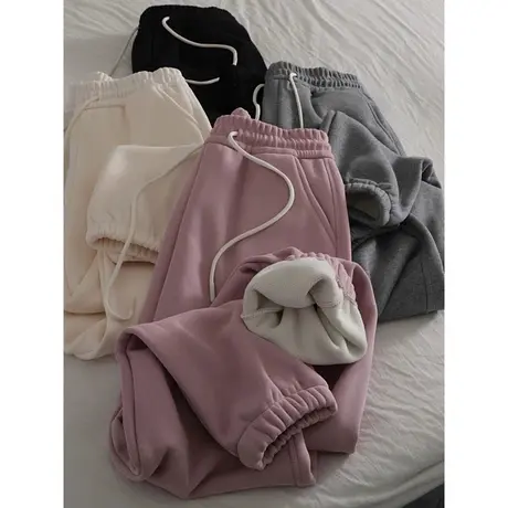 2023新款加绒加厚保暖休闲卫裤女冬季韩版百搭松紧高腰阔腿束脚裤商品大图