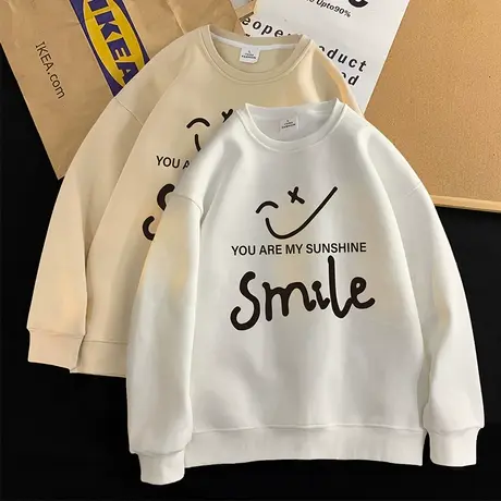 美式复古无帽卫衣男宽松长袖t恤春秋ins潮流大码加绒加厚情侣上衣商品大图