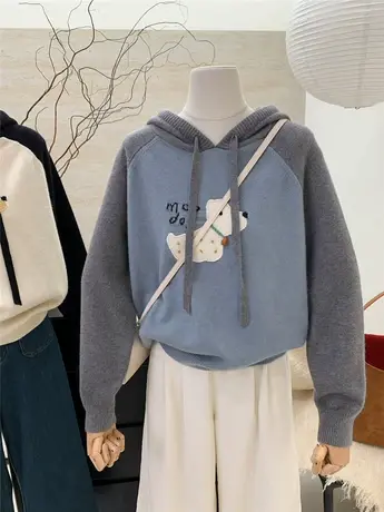 冬季韩系百搭撞色小狗图案宽松慵懒连帽针织衫毛衣女外套洋气上衣图片