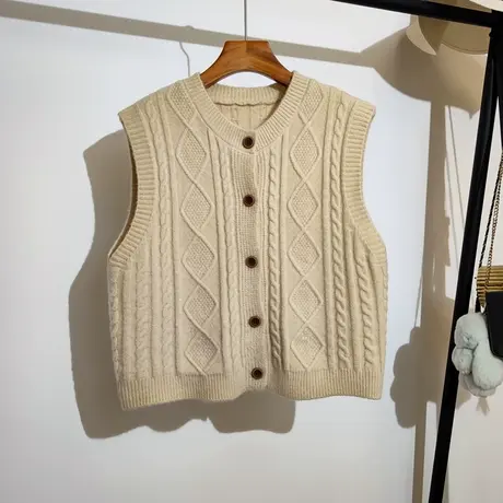 麻花毛衣马甲背心女秋冬新款宽松圆领百搭叠穿无袖针织衫坎肩上衣商品大图
