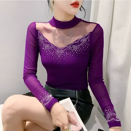 设计感圆领打底衫女长袖时尚网纱拼接烫钻洋气内塔上衣修身T恤ins图片