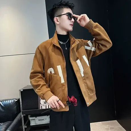 秋季2023轻熟风字母设计高级感重磅潮牌ins立领工装夹克休闲外套商品大图