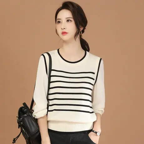韩潮袭人圆领条纹假两件针织衫上衣女2024春季新款休闲显瘦毛衣商品大图