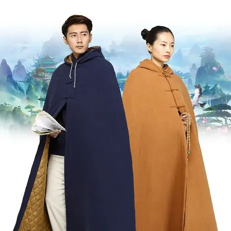 尚远亚麻布内胆加棉打坐披风/居士禅修披风防风禅修斗篷图片
