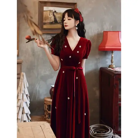 敬酒服新娘高级夏季结婚气质订婚酒红色v领丝绒法式晚礼服女夏款商品大图