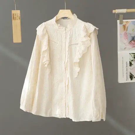 法式洋气杏色立领蕾丝边衬衫女上衣2024年春季新款百搭打底衫衬衣商品大图