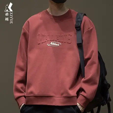 美式复古圆领卫衣重磅男士2024春季新款宽松大码春季红色长袖T恤商品大图