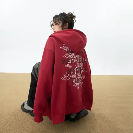 YEP国潮龙年印花连帽开衫卫衣女春秋2024新款复古宽松情侣装外套商品大图