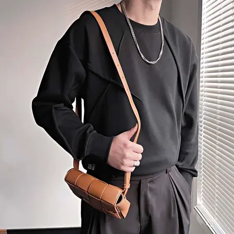 重磅卫衣男春季纯色休闲个性拼接设计感潮牌圆领百搭长袖T恤上衣商品大图