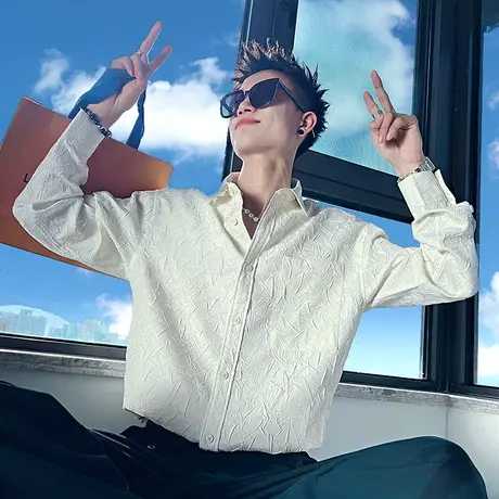 高级感长袖衬衫男春季夜店潮牌纯色褶皱肌理感发型师痞帅男装衬衣商品大图