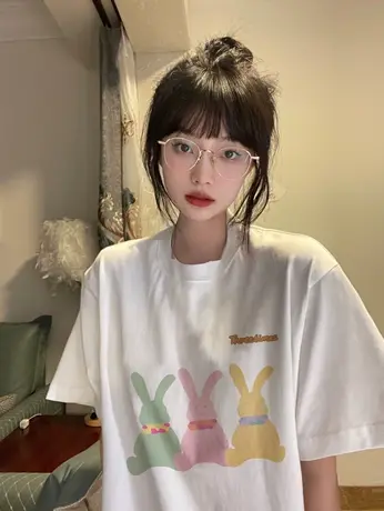 重磅纯棉短袖t恤女春夏2023年新款兔子印花圆领宽松港味chic上衣商品大图