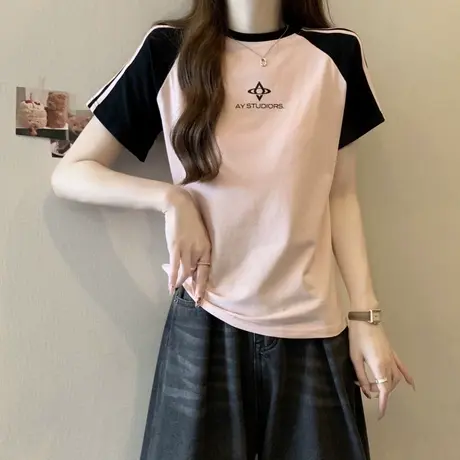 ins超火拼接撞色短袖T恤女夏季修身显瘦打底衫学生闺蜜装半袖上衣商品大图