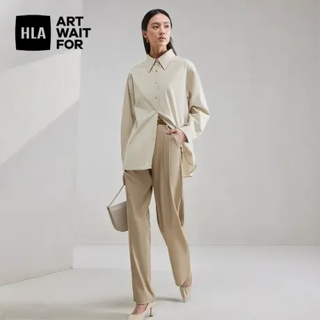 HLA/海澜之家纯棉质地长袖衬衫24春夏新纯色宽松梭织翻领衬衣女装商品大图