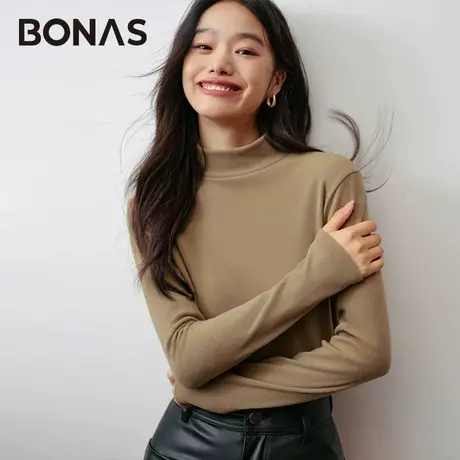 宝娜斯黑色半高领打底衫女春秋内搭修身长袖t恤中领加绒加厚上衣图片