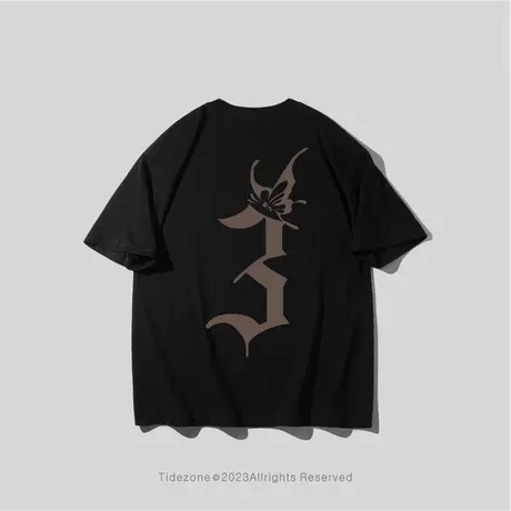 Ohlyah黑色重磅T恤男纯棉夏季嘻哈哥特数字印花落肩短袖上衣宽松图片