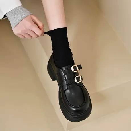 乐福鞋女2024春新款小个子厚底增高英伦风小皮鞋通勤黑色复古单鞋商品大图