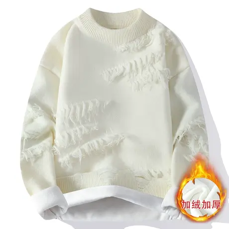 冬季男毛衣潮流纯色百搭圆领长袖加绒加厚打底韩版慵懒破洞针织衫商品大图