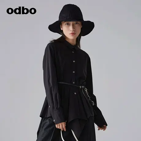 odbo/欧迪比欧时尚气质不规则黑色衬衫女春季新款百搭复古上衣商品大图