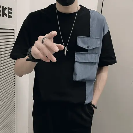 短袖T恤男夏季爆款个性拼接口袋上衣撞色休闲痞帅半袖潮牌男装T恤商品大图