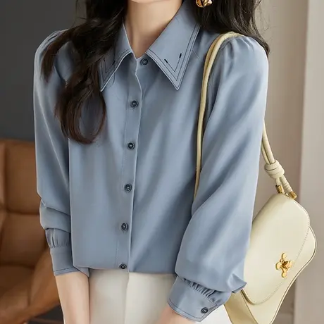 【3月4春新品8折】法式简约衬衫宽松显瘦长袖别致百搭衬衣上衣女图片