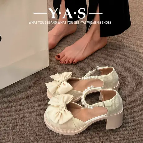 网红小皮鞋女2024年夏季新款复古百搭珍珠蝴蝶结粗跟玛丽珍鞋凉鞋商品大图
