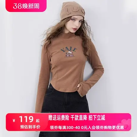 妖精的口袋长袖正肩打底衫t恤女2023冬新款修身显瘦印花高领上衣商品大图