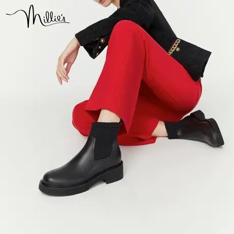 millie's妙丽冬新款牛皮舒适拼接袜靴弹力套筒切尔西短靴SGU24DD2商品大图