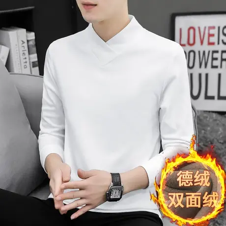德绒长袖t恤男白色半高领V领内搭打底衫秋冬季双面绒保暖中领秋衣商品大图