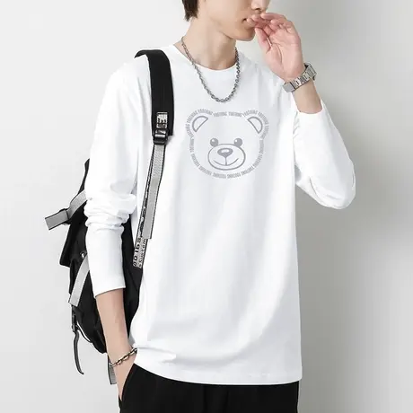 2023新款纯棉t恤男士长袖小熊白色上衣服宽松内搭打底衫全棉体恤商品大图