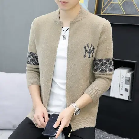 针织开衫男士春秋季韩版软糯水貂绒毛衣外套潮牌立领拉链休闲上衣商品大图