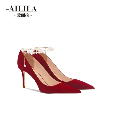 爱丽拉红色秀禾服婚鞋女2023新款绑带新娘中式高跟鞋不累脚高级感商品大图