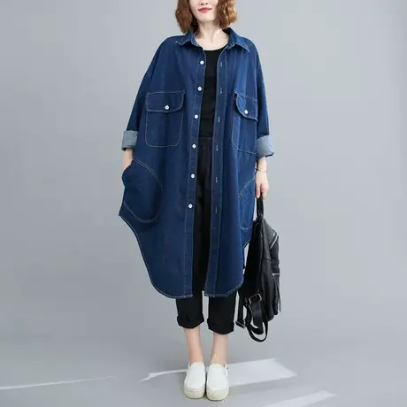 牛仔外套女长款宽松春秋新款韩版BF过膝休闲风衣显瘦深蓝7126商品大图