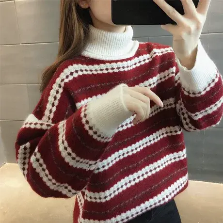 高领毛衣加厚秋冬新款圣诞风条纹减龄文艺风女士2023韩版小众打底图片