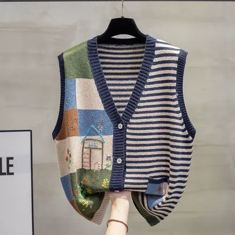 v领针织开衫马甲背心女2023秋装新款宽松外穿马夹条纹毛衣坎肩潮商品大图