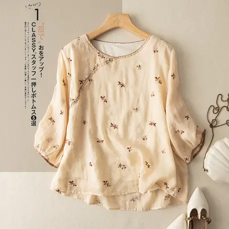 享永子七分袖苎麻上衣女刺绣宽松棉麻小衫文艺复古绣花2023新款夏图片