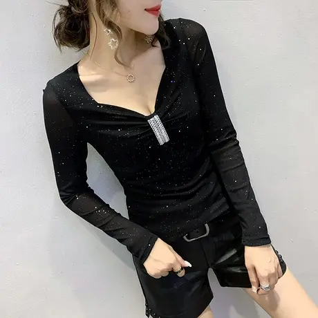 2023新款性感低胸T恤女长袖时尚洋气上衣紧身内搭加绒打底衫春秋图片