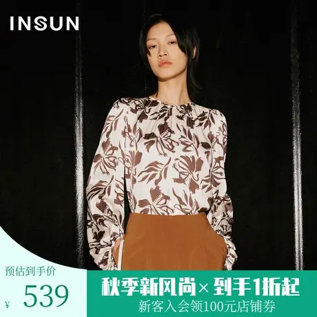 [七夕胶囊系列]恩裳COVER2023秋装冰丝复古印花上衣灯笼袖衬衫图片