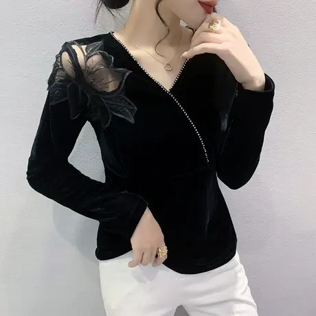 网纱拼接丝绒上衣女士2023早秋新款性感镂空T恤气质V领打底衫长袖商品大图