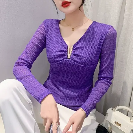 性感V领打底衫女长袖秋装2023新款时尚洋气网纱上衣设计感小众T恤商品大图