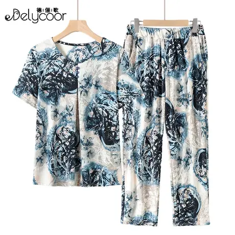 中老年妈妈夏装奶奶碎花冰丝套装休闲九分裤两件装老年人短袖上衣商品大图