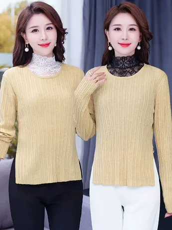 高领蕾丝打底衫女春秋毛衣内搭洋气小衫叠穿内搭长袖高领网纱上衣商品大图