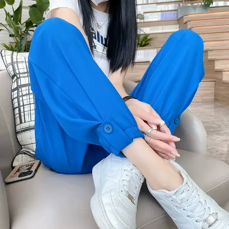 克莱因蓝冰丝西装裤女夏季薄款高腰垂感宽松九分小个子休闲束脚裤商品大图