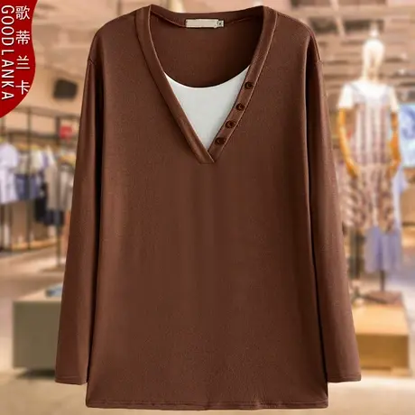 中年妈妈秋装上衣长袖针织T恤时尚加肥加大码女弹力假两件针织衫商品大图