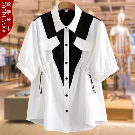 大码中年妈妈夏装衬衣女200斤宽松时尚减龄拼接撞色女士短袖衬衫图片